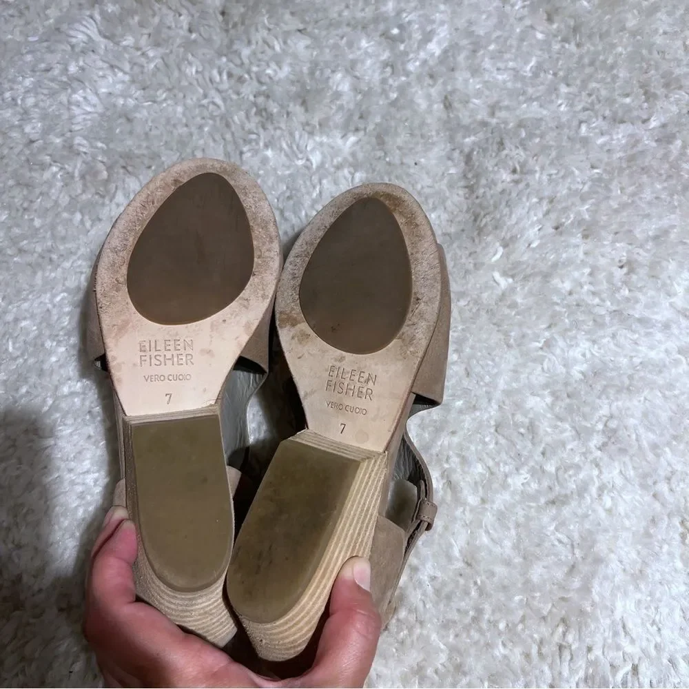 Eileen Fisher Womens Sandals SZ 7 Chunky Stacked Heel ankle strap leather Tan